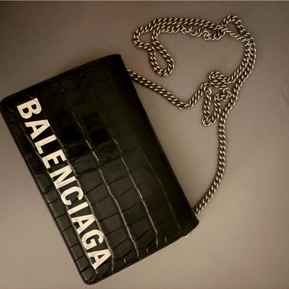 Balenciaga Black Croc-Embossed Chain Wallet